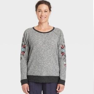 Knox Rose Heather Gray Floral Embroidered Pullover Sweatshirt Sweater L